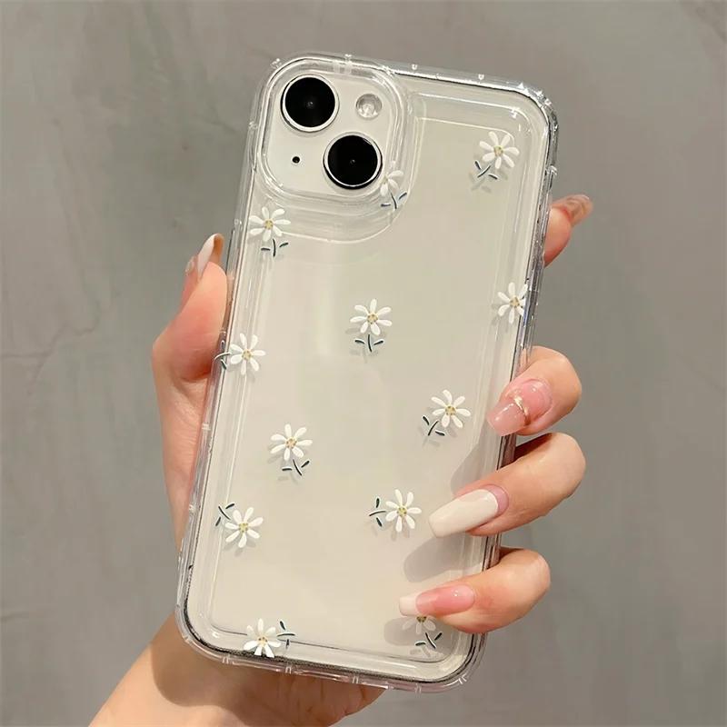 Cute Cherry & Daisy Phone Case For iPhone 16 15 14 13 12 11 Pro Max X XR 7 8 Plus Transparent Silicone Shockproof Case Cover