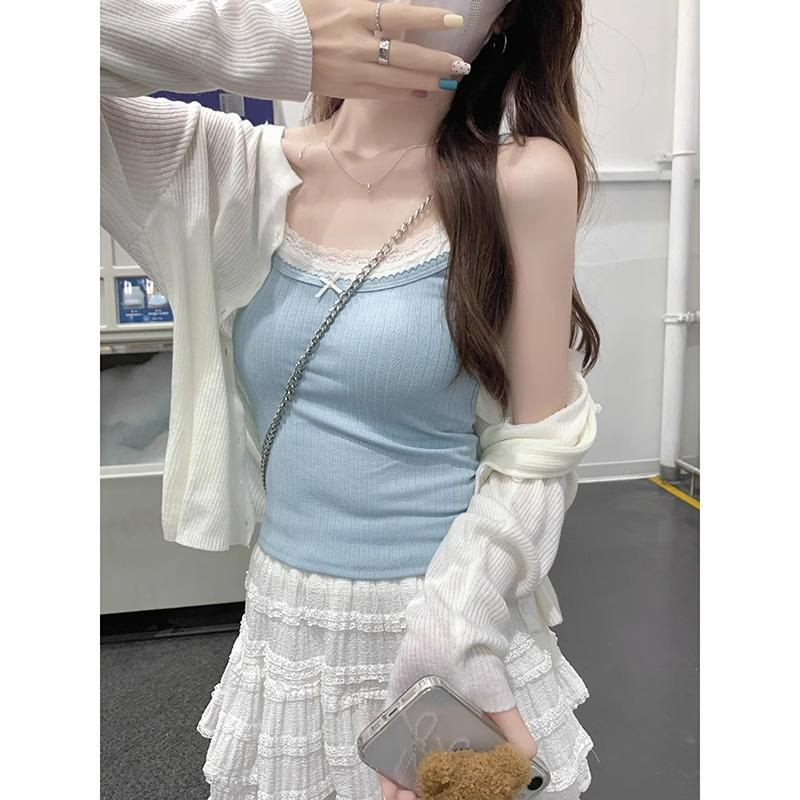 Sweet Hot Girl Fake Two-piece Lace Splicing Camisole for Women Who Want To Slim Down Their Waist and Cover Their Breasts To Wear Summer Tops