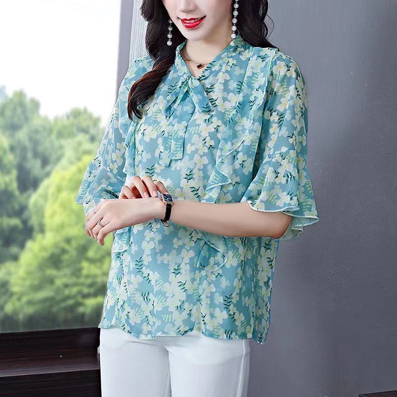 Азиатский размер Розовые топы с воланами и галстуком-бабочкой на воротнике, винтажная блузка с цветочным принтом, женская летняя рубашка, женские блузки с коротким рукавом