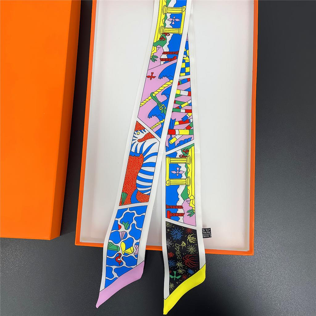 2024 Бренд Дизайн Клетчатый Шелковый Шарф Роскошный Шарф Женский Фуляр Узкая Сумка Шарфы Шейный Платок Для Женщин Модная Повязка На Голову Для Волос