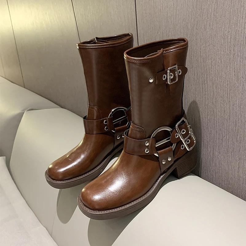 Fashion Retro Style Women Western Cowgirl Short Boots Fashion Belt Buckle Square Heel Shoes Autumn Winter Ladies Ankle Booties