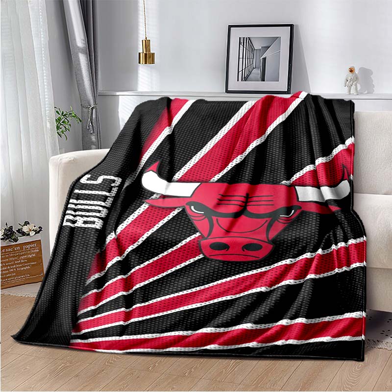 Chicago Bulls Logo Red Black Diagonal Stripe Print Flannel Blanket Soft Lightweight Throw Blanket Basketball Fan Sofa Bedroom Home Decor Gift