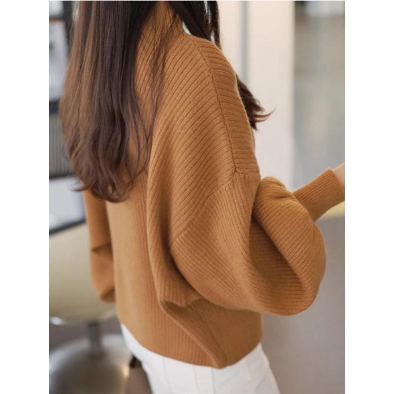 Осень и зима новый полуводолазка низ вязаный свитер корейская мода женский свободный пуловер фонарь длинный рукав топы свободная повседневная одежда 2101