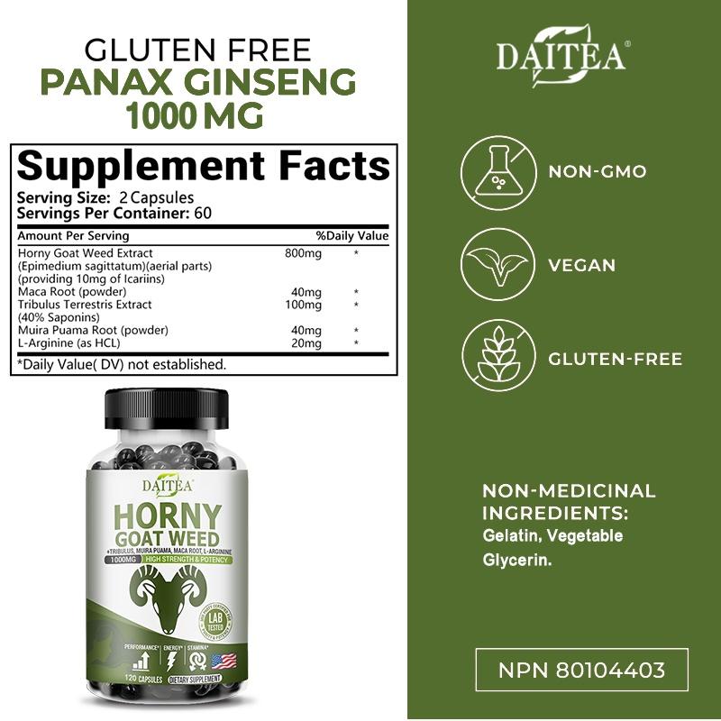 Daitea Horny Goat Weed Capsules, with Tribulus, Maca, L-Arginine, 1000mg, 120 Caps