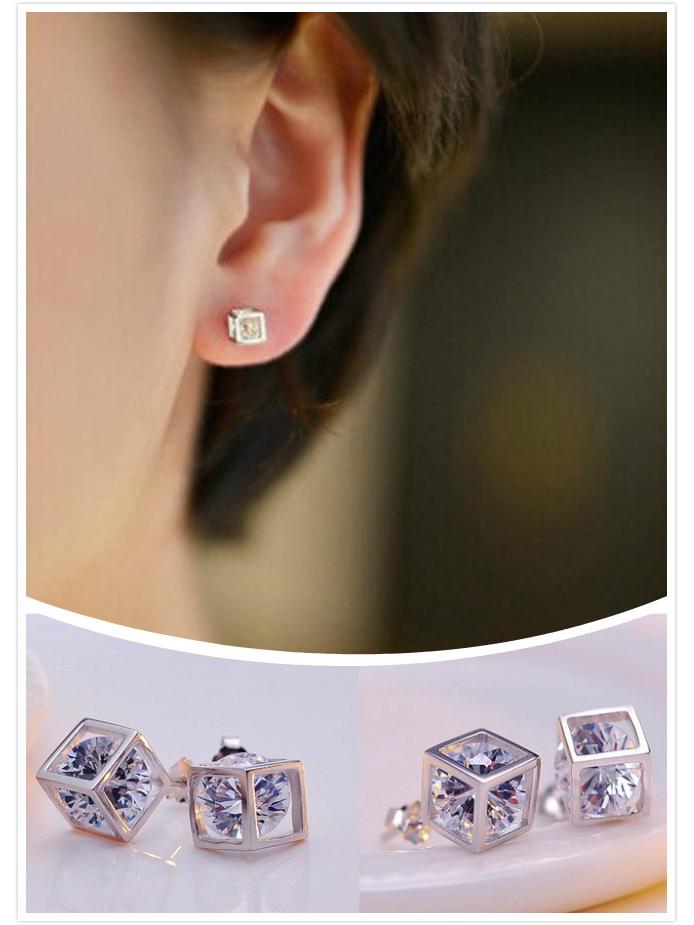 Korean Style 925 Sterling Silver Love Window Cubic Zirconia Stud Earrings