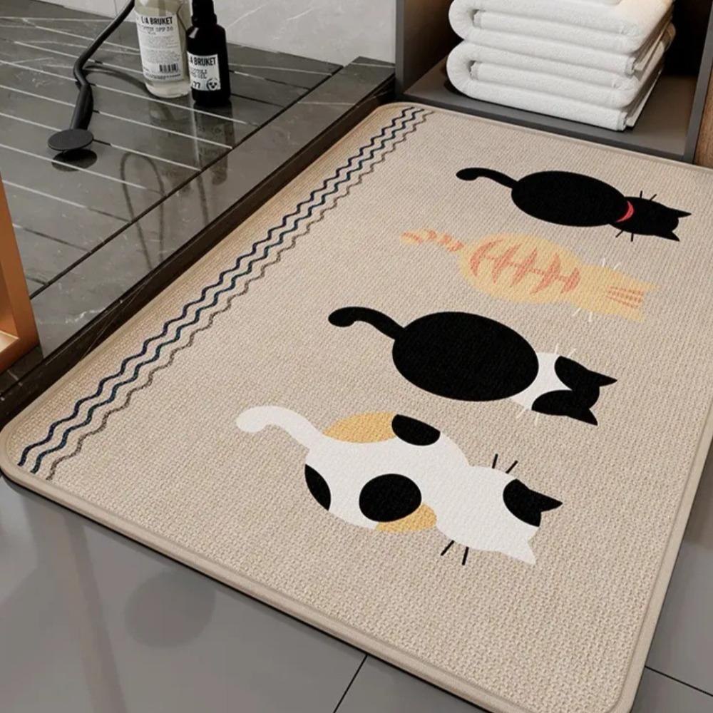 Creative Cartoon Cat Door Mat Flax Anti Slip Bathroom Floor Mat Square Quick Dry Absorbent Mat Kitchen