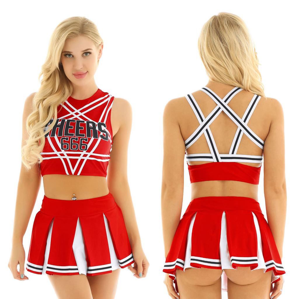 Women Cosplay Uniform Sleeveless Crop Top with Mini Pleated Skirt Cheerleader Costume Set