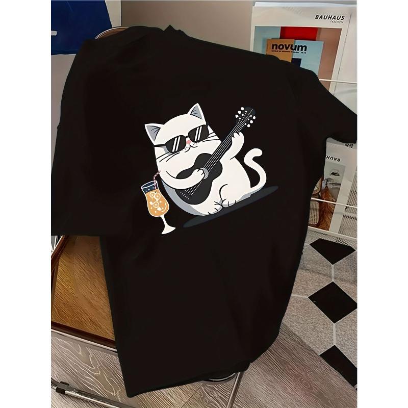 Kids Crewneck Short Sleeve T-Shirt, Cartoon Cat with Sunglasses Playing Guitar Drinking Drink Print