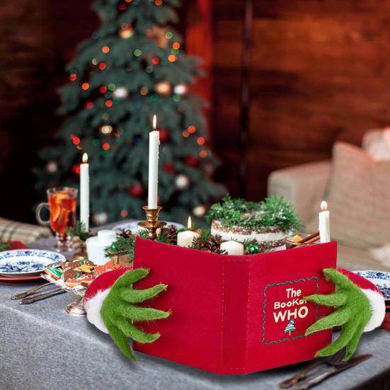 Green Elf Reading Book Christmas Tree Topper Plush Elf Head Arm Treetop Ornament for Farmhouse Holiday Party Tree Decor