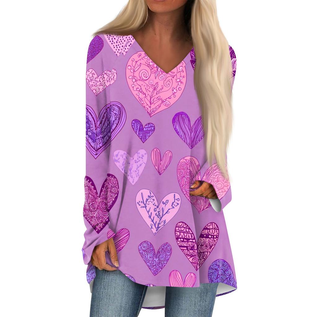 Women's Fashionable Casual Long-Sleeved Valentine's Day Print V-Neck Mid-Length Top