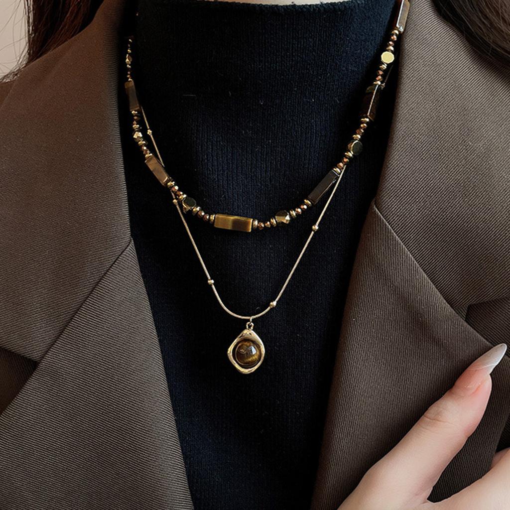 Fashionable Double Layer Collarbone Necklace Featuring Tigers Eye Stone Pendant in Vintage Styles for Trendy Women