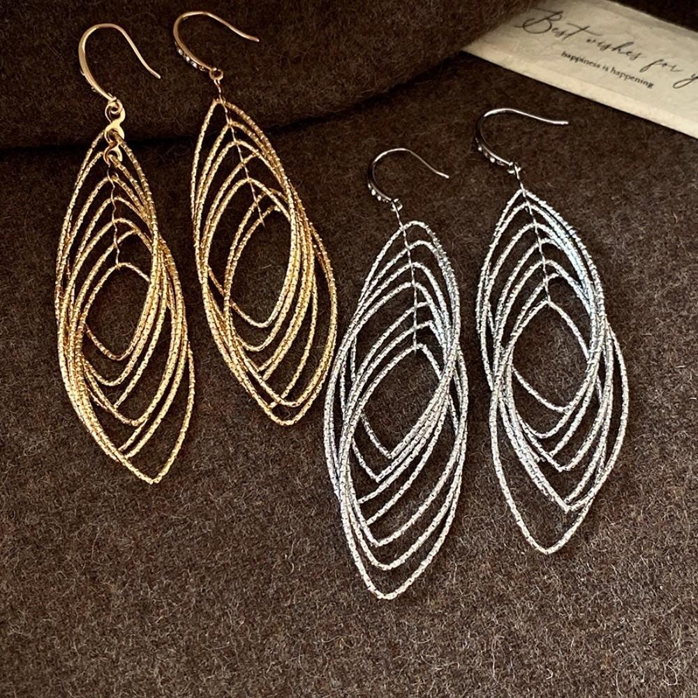 Exquisite Oval Hollow Long Tassel Dangle Earrings Gold Silver Exaggerated Ear Hook Light Luxury Ear Drop Ear Clip Women