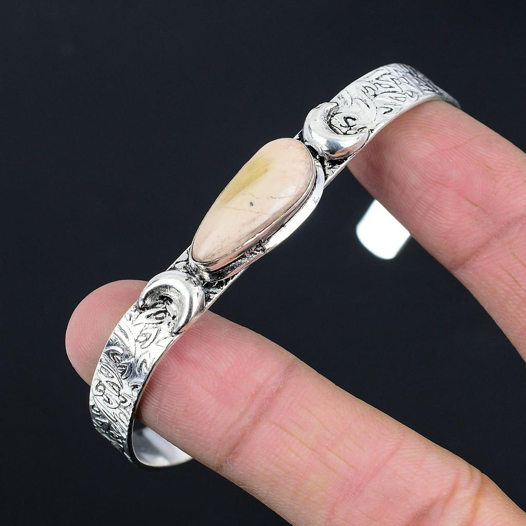 Pear Natural Imperial Jasper Sterling Silver Crescent Moon Wife Bangle Bracelet