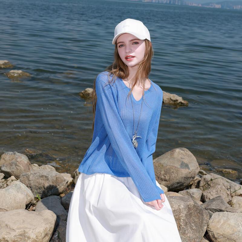 Женский свитер Sancai с V-образным вырезом, спущенным плечом и ажурной вязкой