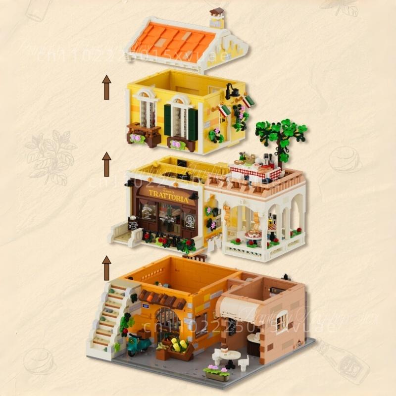 Small Town Series Italian Family Restaurant Building Block House City Street View Assembly Model Toys Full Print Decoration Gift