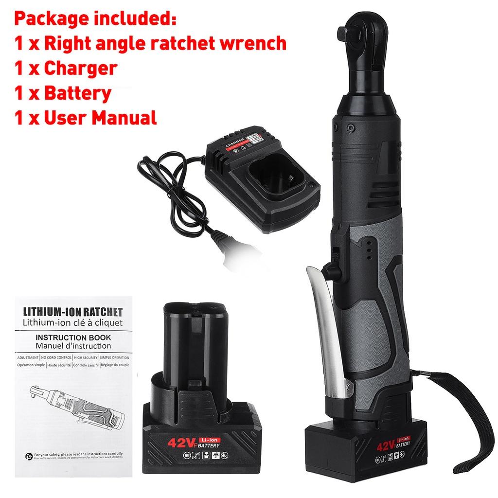 42V 100N.m Cordless Electric Wrench 3/8 Ratchet Wrench Set Angle Drill Screwdriver Wrench Tools with 2xBattery Charger