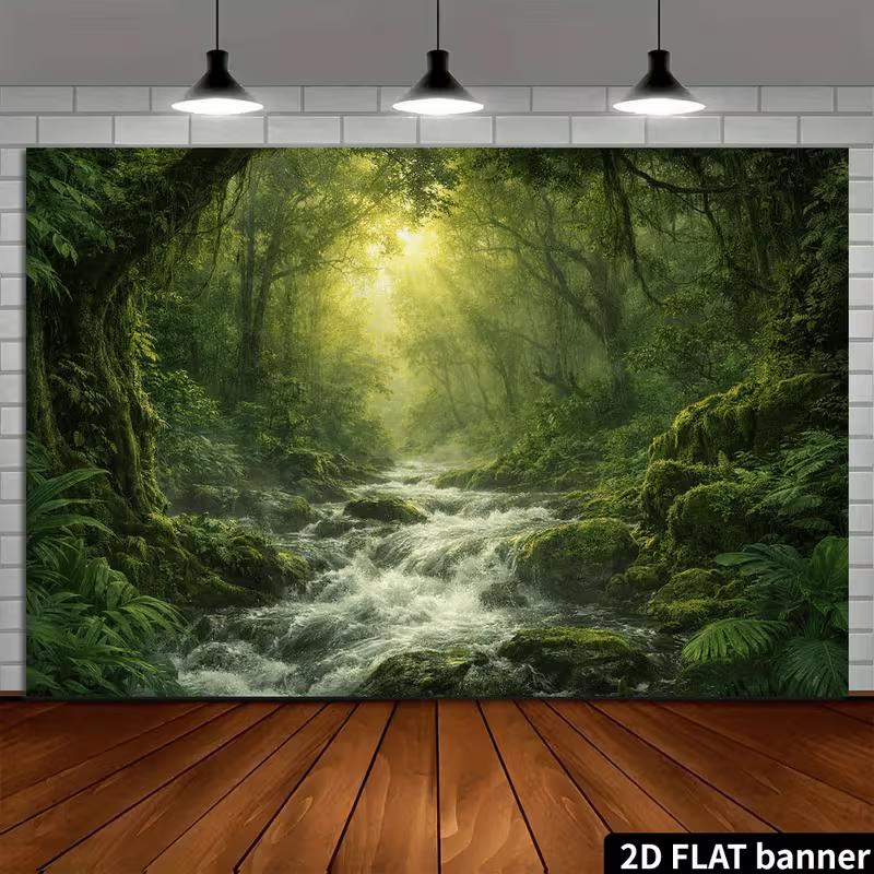 Lush Jungle Banner with Stream, Ferns and Trees Photo Booth Background Cloth