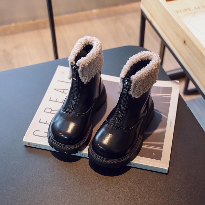 Девочки Короткие Ботинки Отвернутый Край Плюшевые Ретро Зимние Детские Теплые Ботинки Передняя Молния Детские Модные Ботинки Противоскользящие 2024 Новые