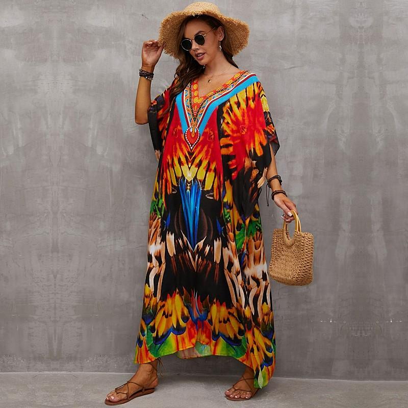 EDOLYNSA Свободный кафтан с богемным принтом, повседневное платье макси для летних каникул, женская одежда, пляжная одежда, купальный костюм, накидка Q1464