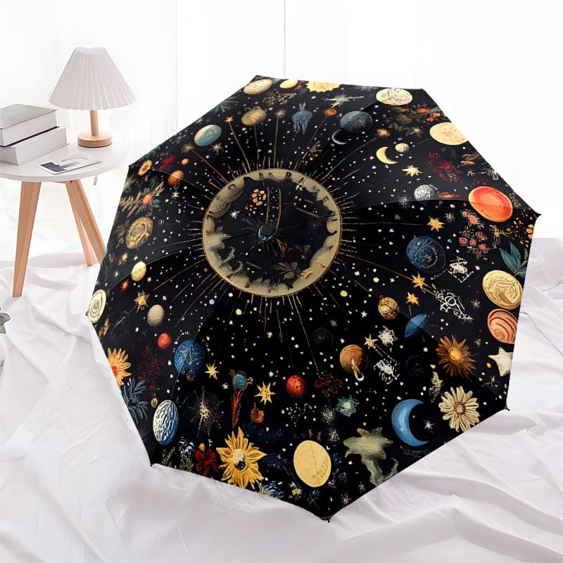 1pc Celestial Patterns Planets, and Flowers Umbrella with Plastic Handle,Suitable for All Seasons Home Travel Outdoor UmbrellaDD1303