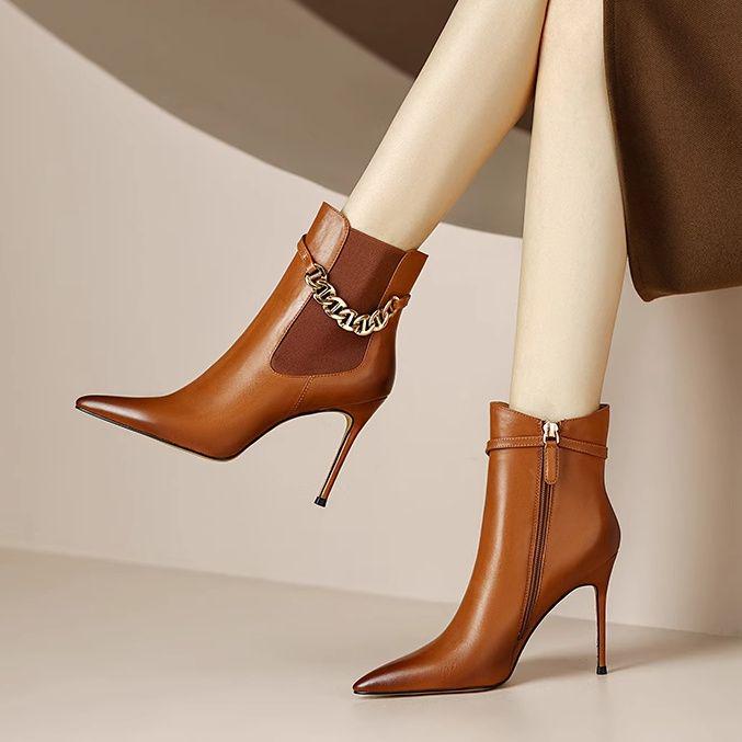 Трендовые женские ботильоны 2025 из натуральной кожи на шпильке с бархатной подкладкой