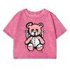 Прекрасная футболка с принтом плюшевого мишки, женская, выстиранная, с коротким рукавом, дышащая, летняя, мягкая одежда, свободная, с эффектом потертости