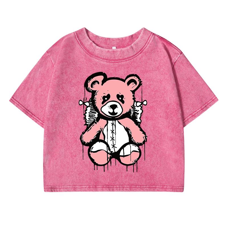 Lovely Puppet Bear Print Female Washed Short Tshirts Breathable T-Shirts Summer Soft Clothes Loose Distress Tshirts Women