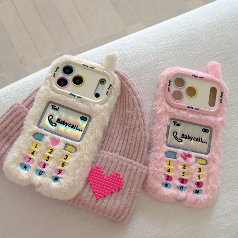 Cute Plush Phone Case for iPhone 11 12 13 14 15 16 17 Pro Max Plus Retro Game Console Design with Camera Stand Soft Fuzzy Cover