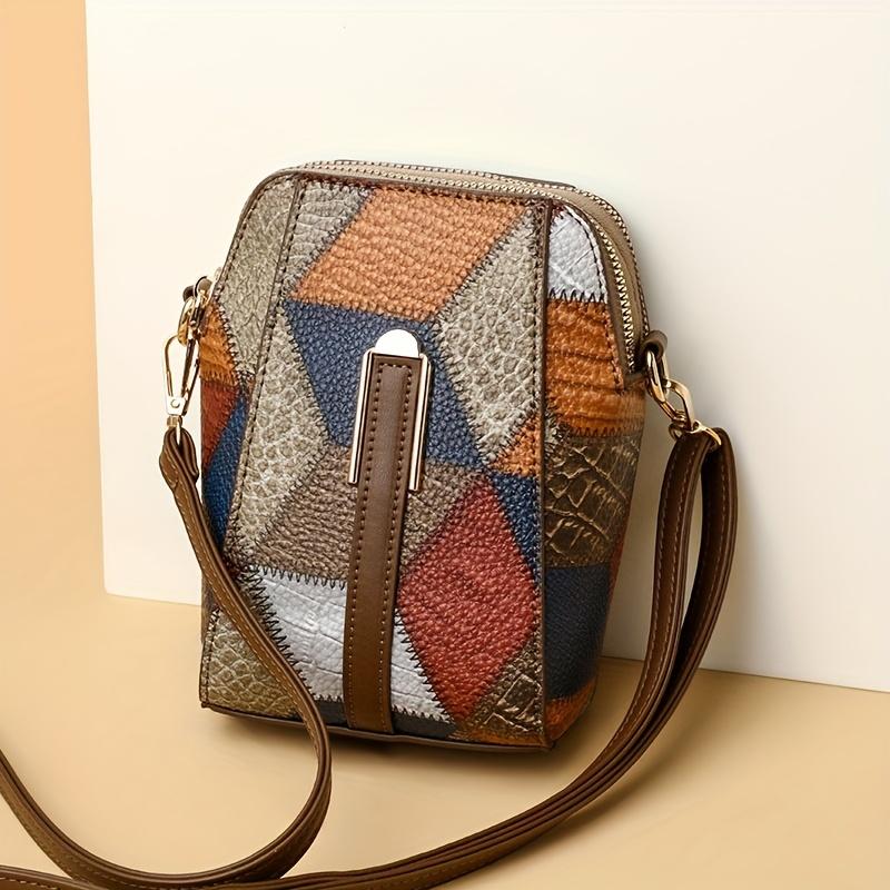 Bohemian Mobile Phone Bag, Retro Mini Crossbody Bag, Colorblock Rhombus Pattern Shoulder Purse