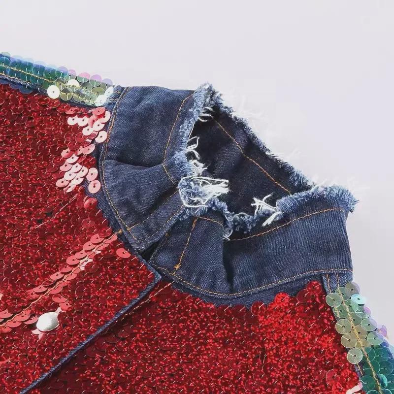 2024 New Arrival: Loose Retro Hong Kong Style Sequined Denim Jacket for Spring/Autumn