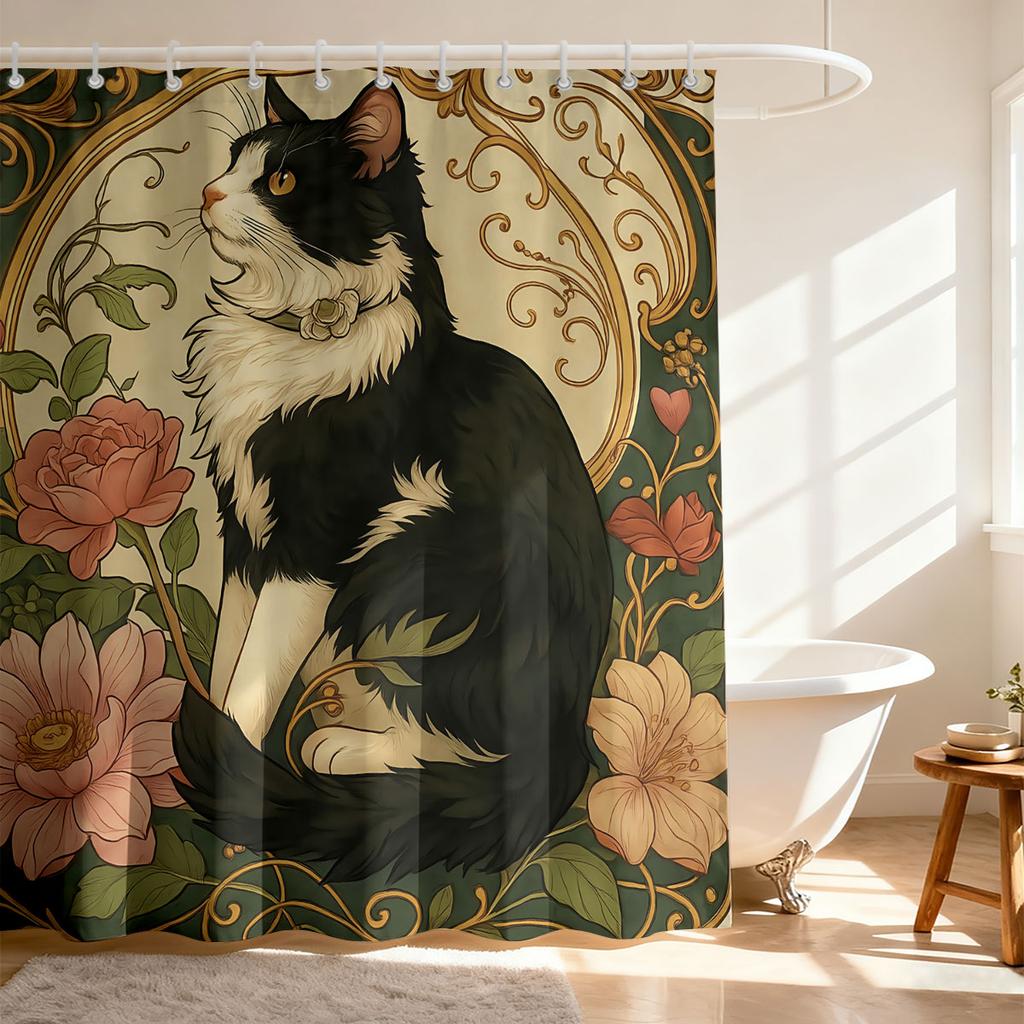 1PC Vintage Art Nouveau Style Cow Cat Floral Shower Curtain Waterproof Bath Curtain Partition Privacy Hanging Curtain