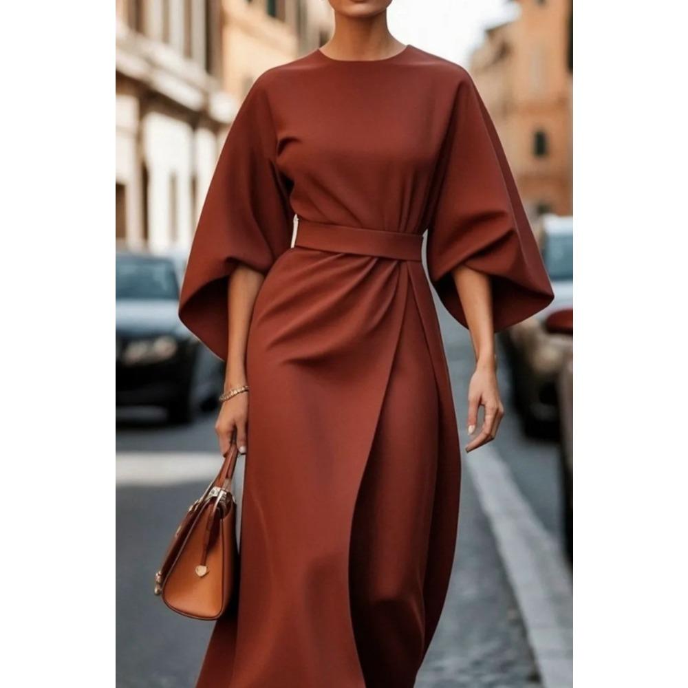 Stylish, Elegant, Solid-colour, Waist-cinched Dress with Casual Batwing Sleeves