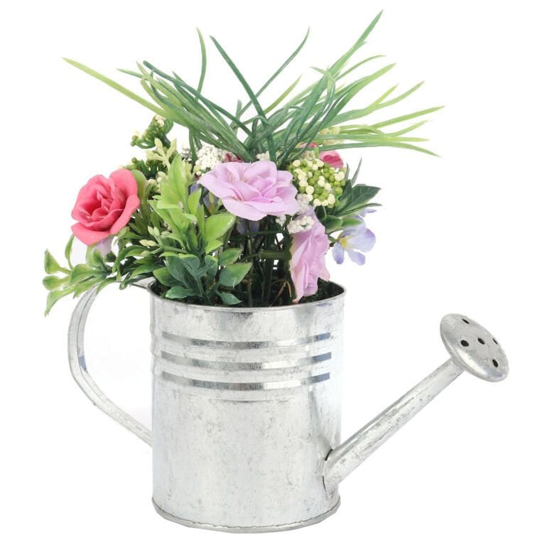 Purple Spring Easter Arrangement in a Watering Can - Decorative Artificial Flowers 20cm