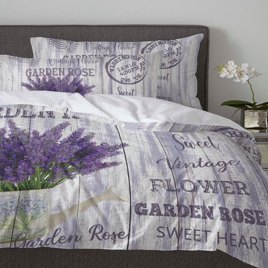 Flower Lavender Kettle Vintage Postcard Wood Duvet Cover With Pillow Case 3pcs Bedding Set Quilt Cover Double Bed Home Textile