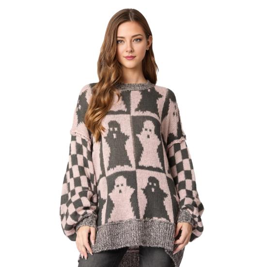 Женский свитер с круглым вырезом и длинным рукавом, эластичный трикотажный топ, свободный крой, узор в клетку, пуловер, топы, трикотаж