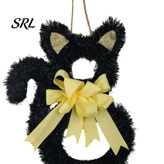 Indoor Outdoor Hanging Decor Halloween Cat Wreath, Cute Black Shape Door Ornament, Glitter Tinsel Seasonal Home Arrangement Wreath with Bow
