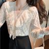 Французская элегантная женская блузка с v-образным вырезом, осенний топ с рюшами и длинными рукавами, милая кружевная блузка, белая полая нежная женская рубашка Blusas 17251