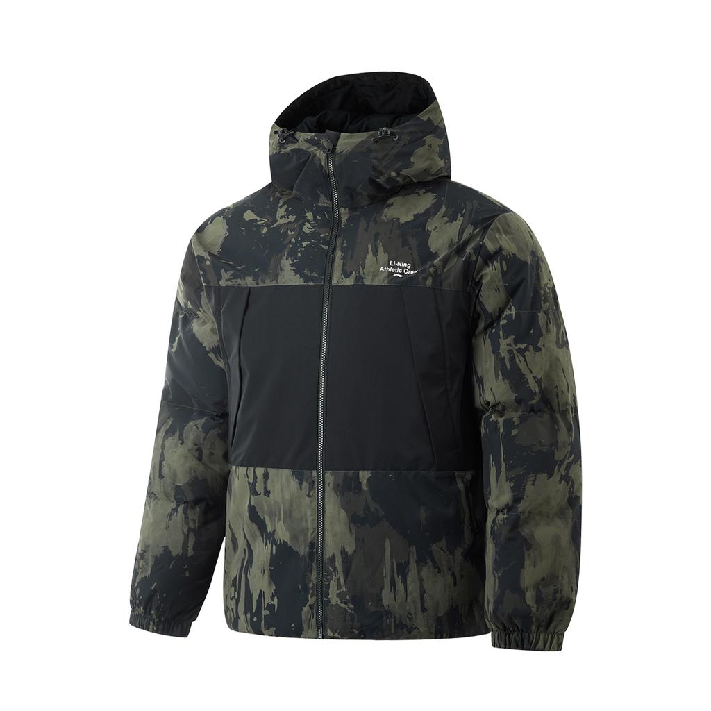 Li-Ning Hot Pot Down Series Water-Repellent Letter Print Hooded Versatile Casual Zipper Short Winter Down Jacket Men Jacket Black AYMU251-5