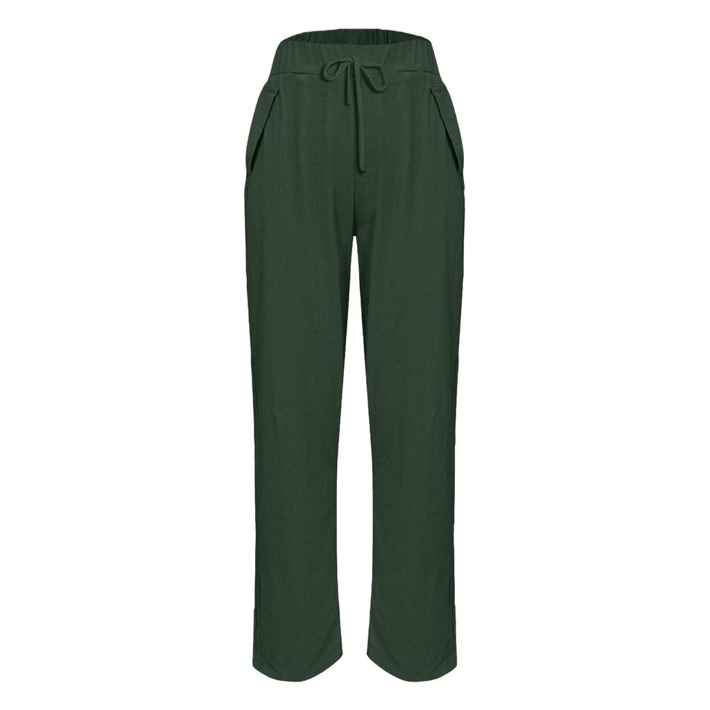 Women's Fashion Loose Cotton Linen Solid Color Casual Side Pocket Elastic Drawstring Trousers