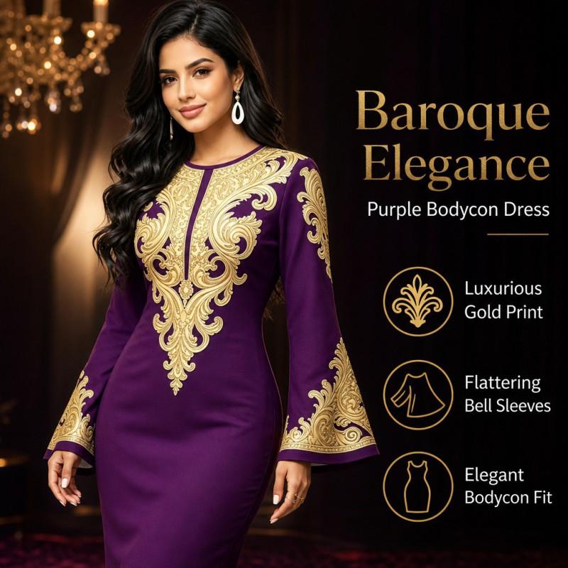 Purple Gold Baroque Print Bell Sleeve Party Dress High Waist Bodycon Cocktail Women