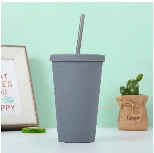 Candy Color Double-layer Plastic Straw Cup Coffee Cup Plastic Frosted Handy Water Cup Easy To Carry Straw Kettle Sports Bottle