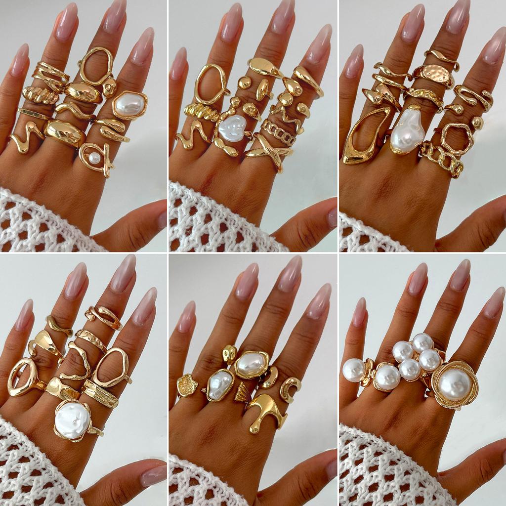 Personalized Exaggerated Imitation Pearl Ring Hand Jewelry, Retro Irregular Liquid Lava Ring Set