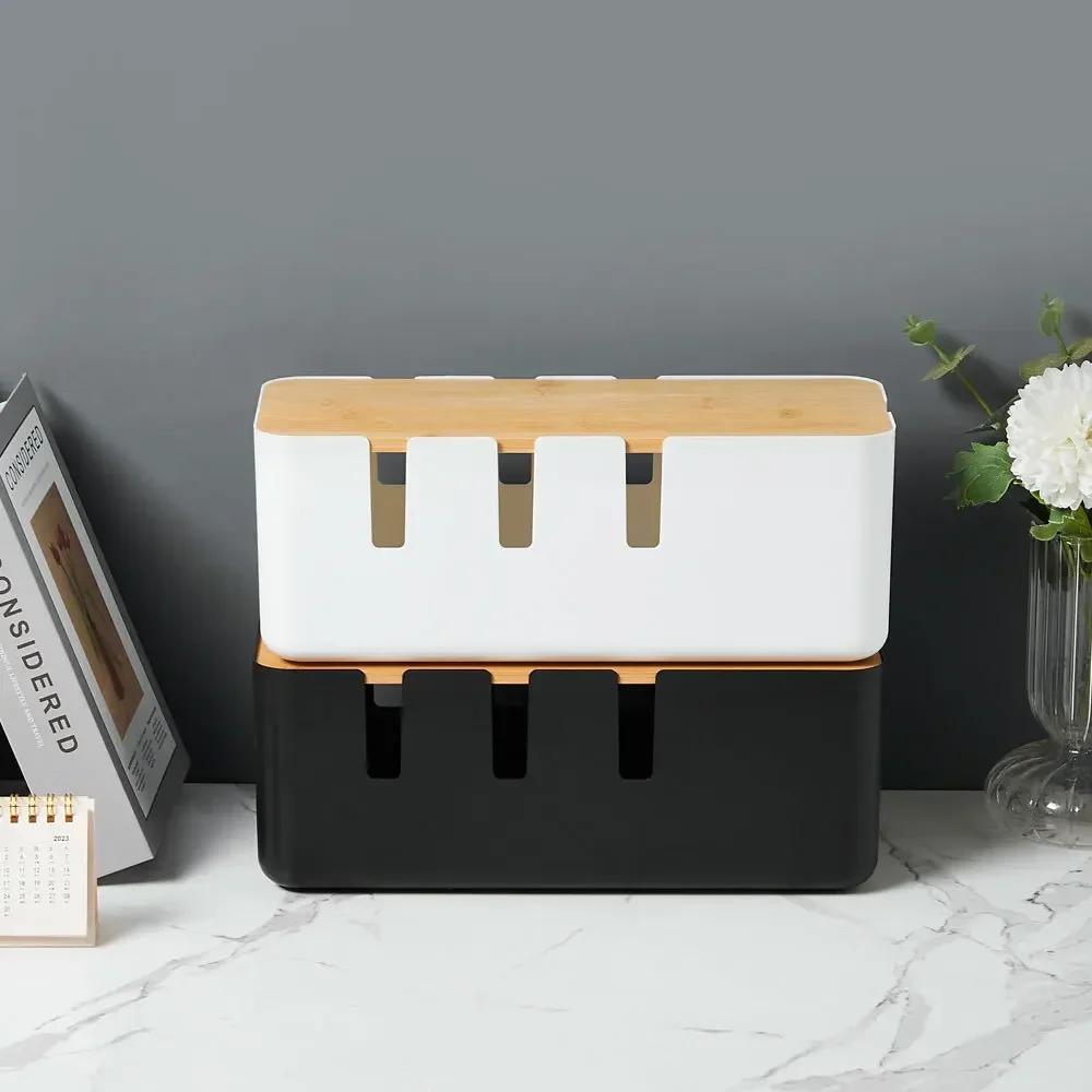 Настольный ящик для хранения кабелей с семью отверстиями из бамбука и дерева, органайзер для проводов электропроводки, гнездо для зарядного устройства, контейнер для хранения сетевых кабелей