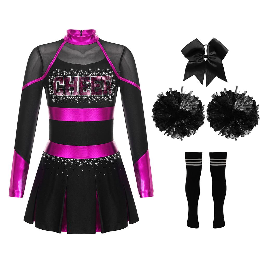Girls Cheerleading Dance Outfit Halloween Fancy Dress Up Long Sleeve Dress Cheer Leader Uniform Masquerade Cosplay Outfits