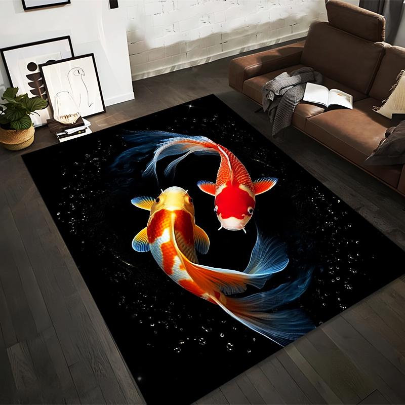 Koi Fish Pattern Carpet with Black Background, Modern Home Decor Rug Suitable for use as an anti-slip for living room bedroom sofas