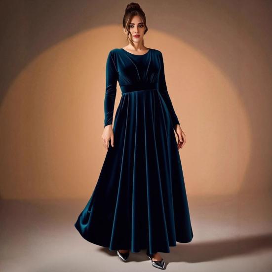 Женское бархатное платье макси, повседневное, с круглым вырезом, длинными рукавами, А-силуэта, платье-свинг, осеннее, для коктейльной вечеринки, формальное платье для гостьи на свадьбе
