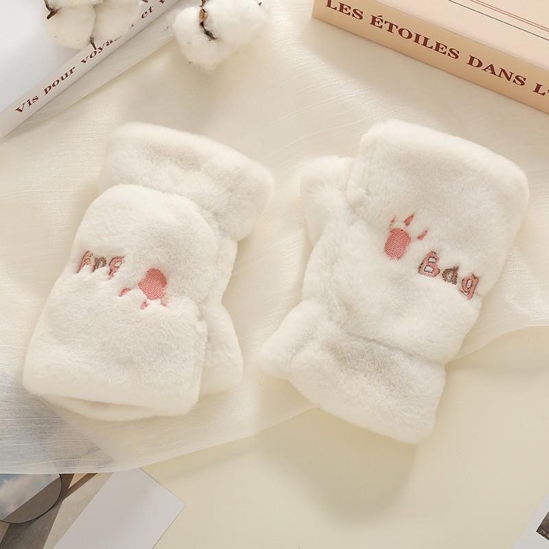Womens Warm Fleece Lined Half-Finger Gloves With Embroidered Letters Winter Indoor Office Study