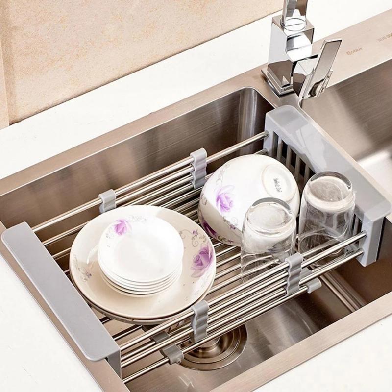 Adjustable Stainless Steel Dish Drainer, Drain Rack Fruit and Vegetable Washing Drainer, Tableware Drain Basket, Kitchen Storage