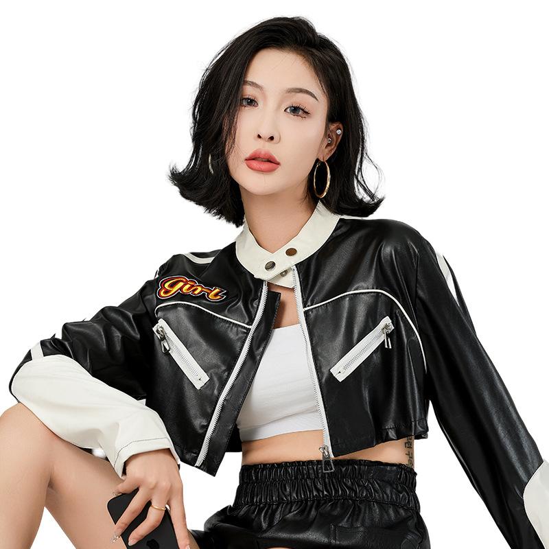 European And American Pu Women'S Leather Jacket, Locomotive Jacket, Spice Girl Style Short Contrasting Color Splicing Leather Top