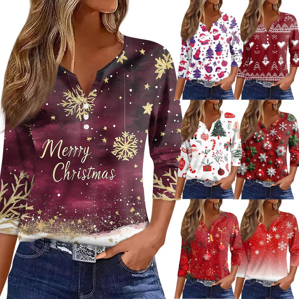 Women's T Shirt Christmas Print Button 3/4 Sleeve Daily Weekend Fashion Basic V- Neck Regular Top